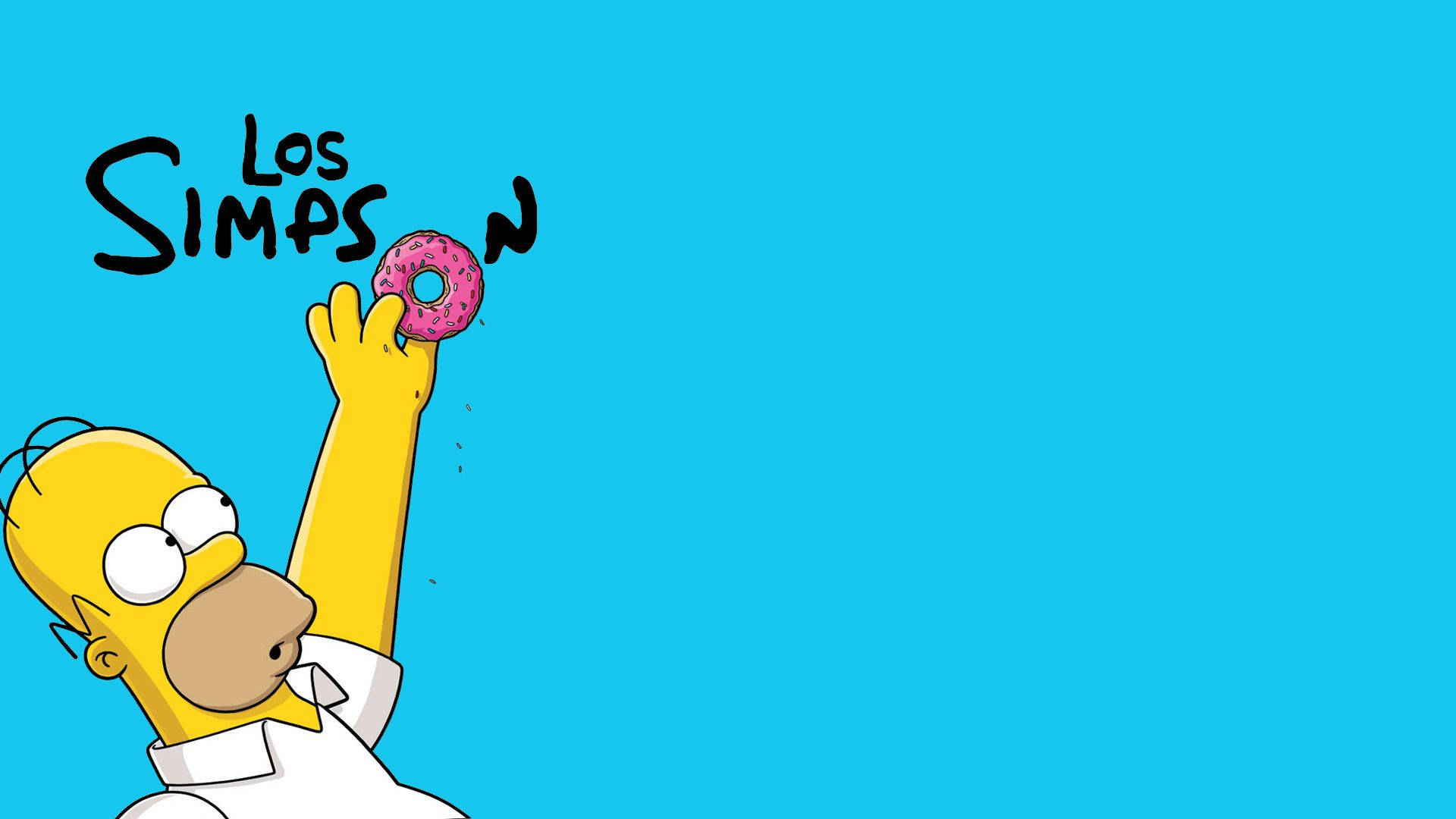 《Los Simpson》荷馬·辛普森 壁紙 — 荷馬·辛普森愉快地舉起一個粉紅色糖霜甜甜圈，背景是明亮的藍色，上方有節目名稱。