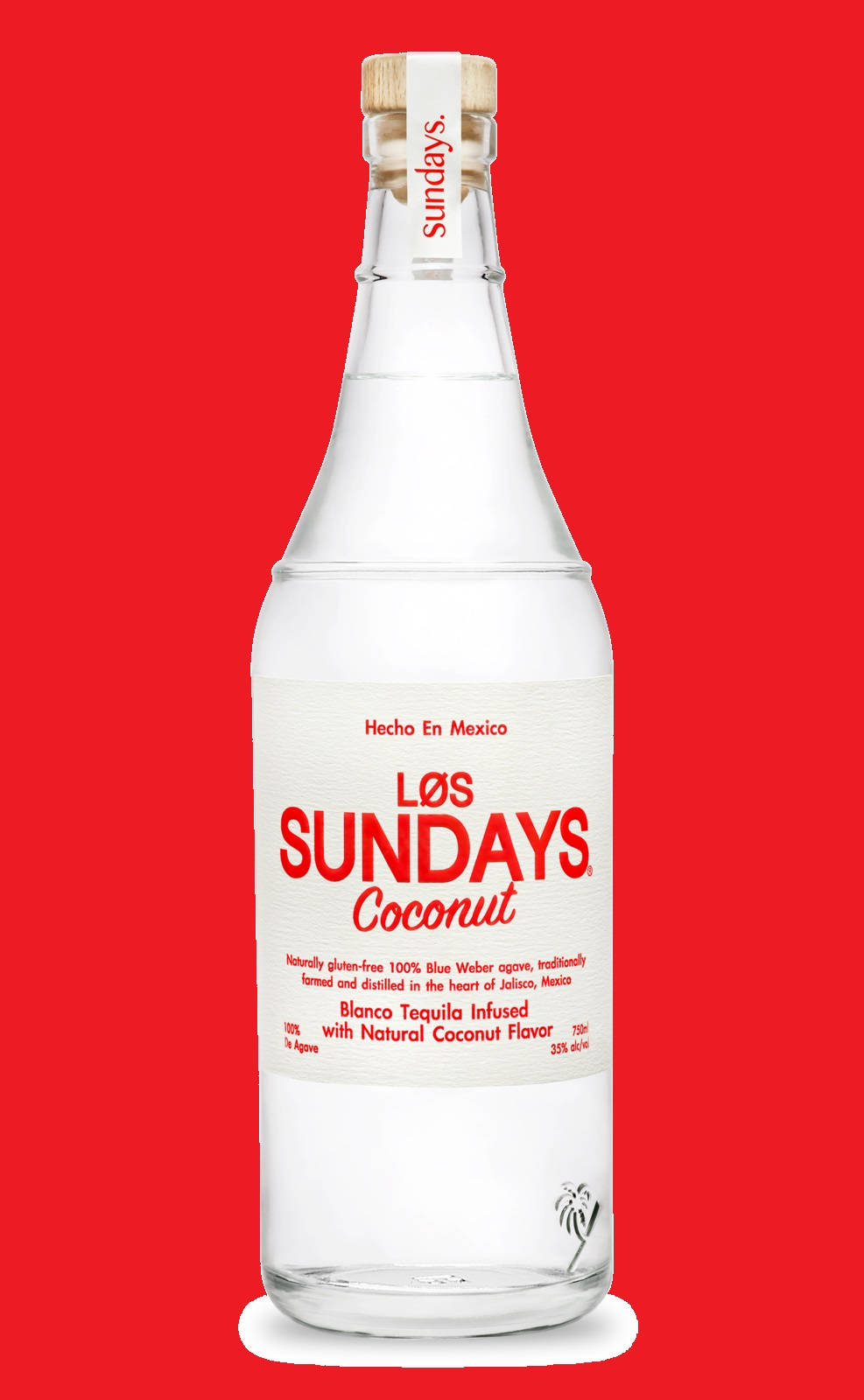 Los Sundays椰子風味 壁紙 — 一個透明的Los Sundays椰子龍舌蘭酒瓶，居中放在大膽的紅色背景上，帶有白色標籤文字。