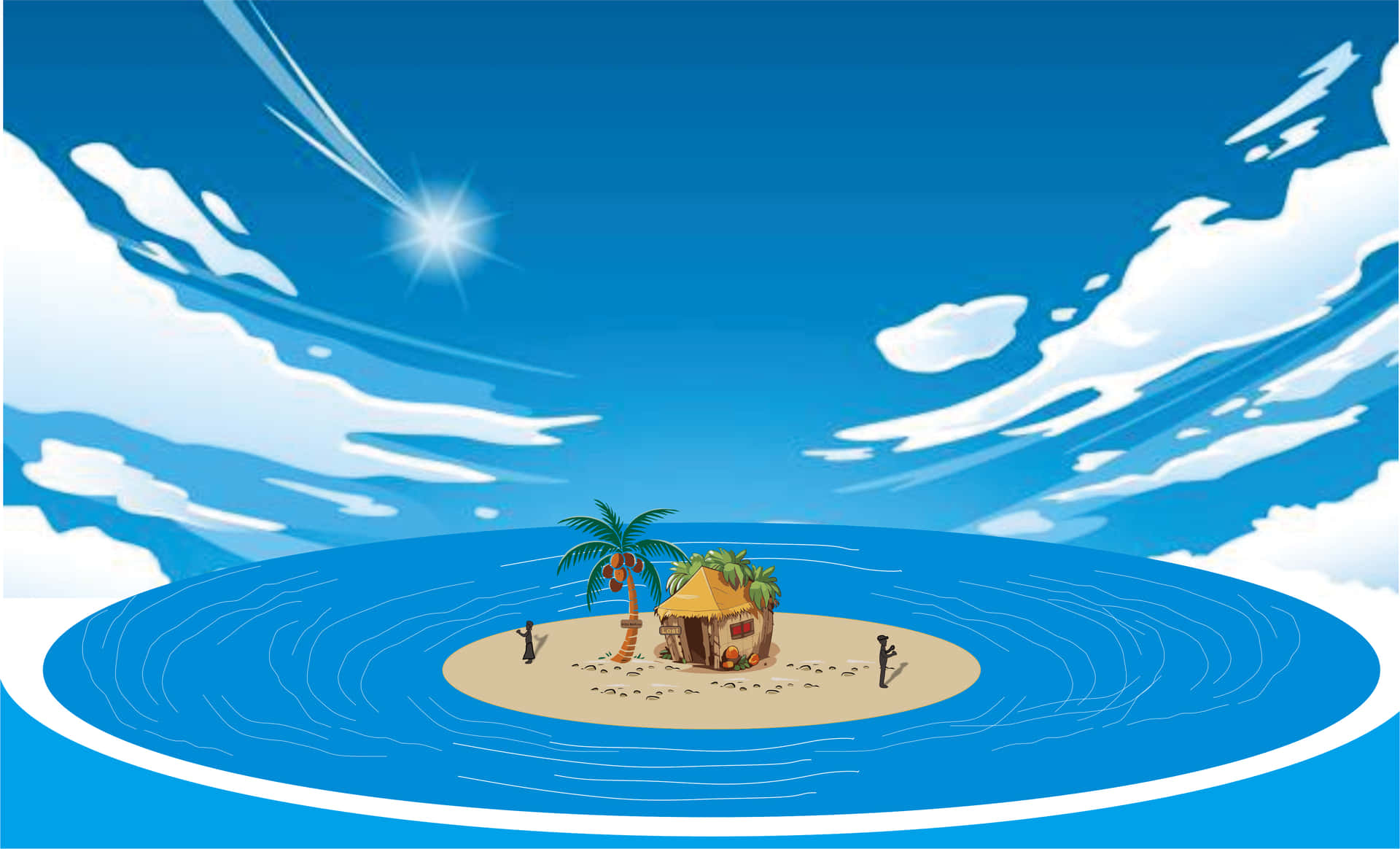 LOST ISLAND 壁紙 — 一個卡通島嶼，有棕櫚樹、小屋和兩個人物，位於旋轉的藍色水域中央，上方有明亮的太陽和縷縷雲彩。