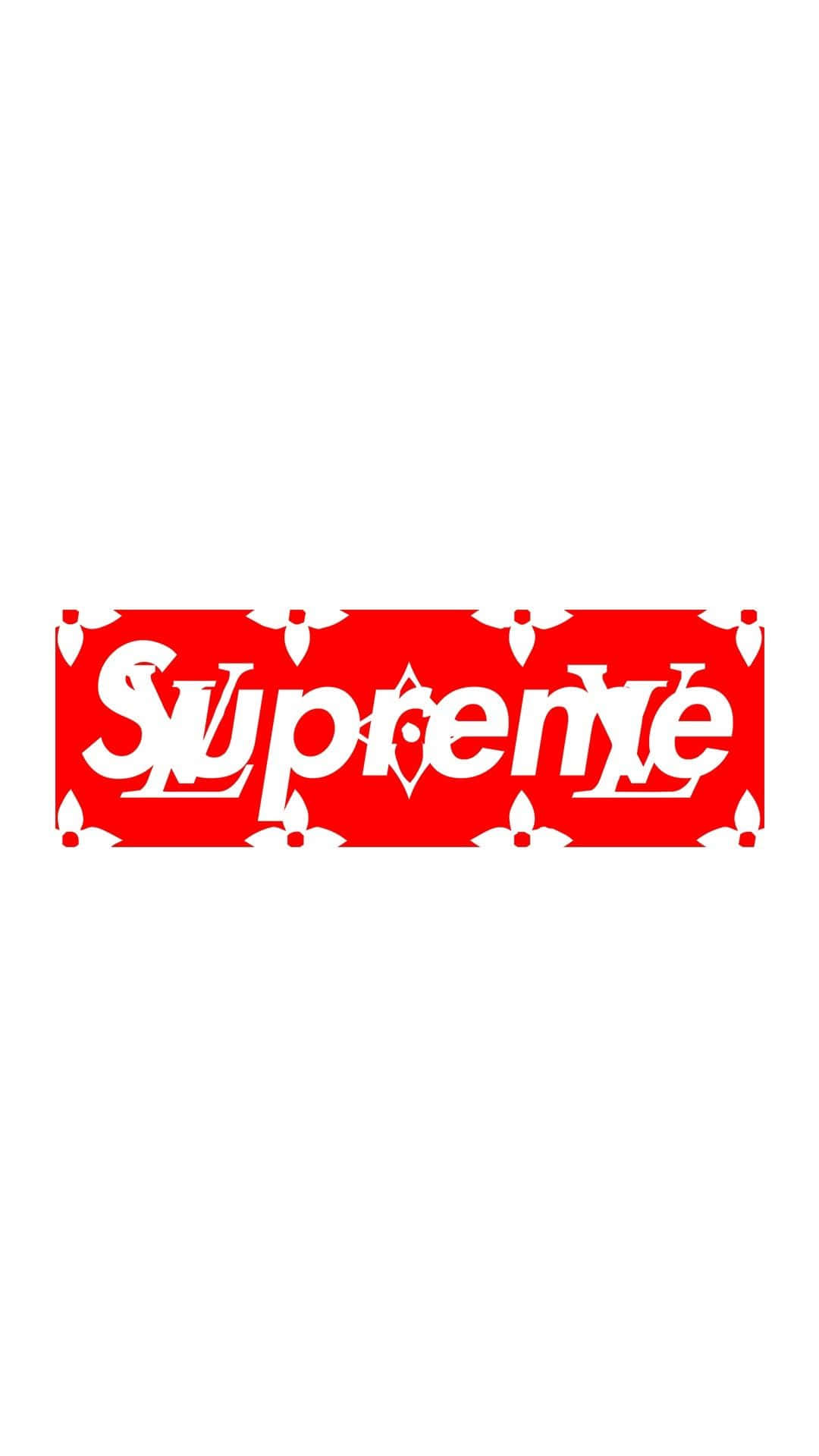 Louis Vuitton x Supreme iPhone極簡壁紙 壁紙 — 一個大膽的紅色Supreme標誌，帶有白色鳶尾花圖案邊框，居中在純白色背景上。