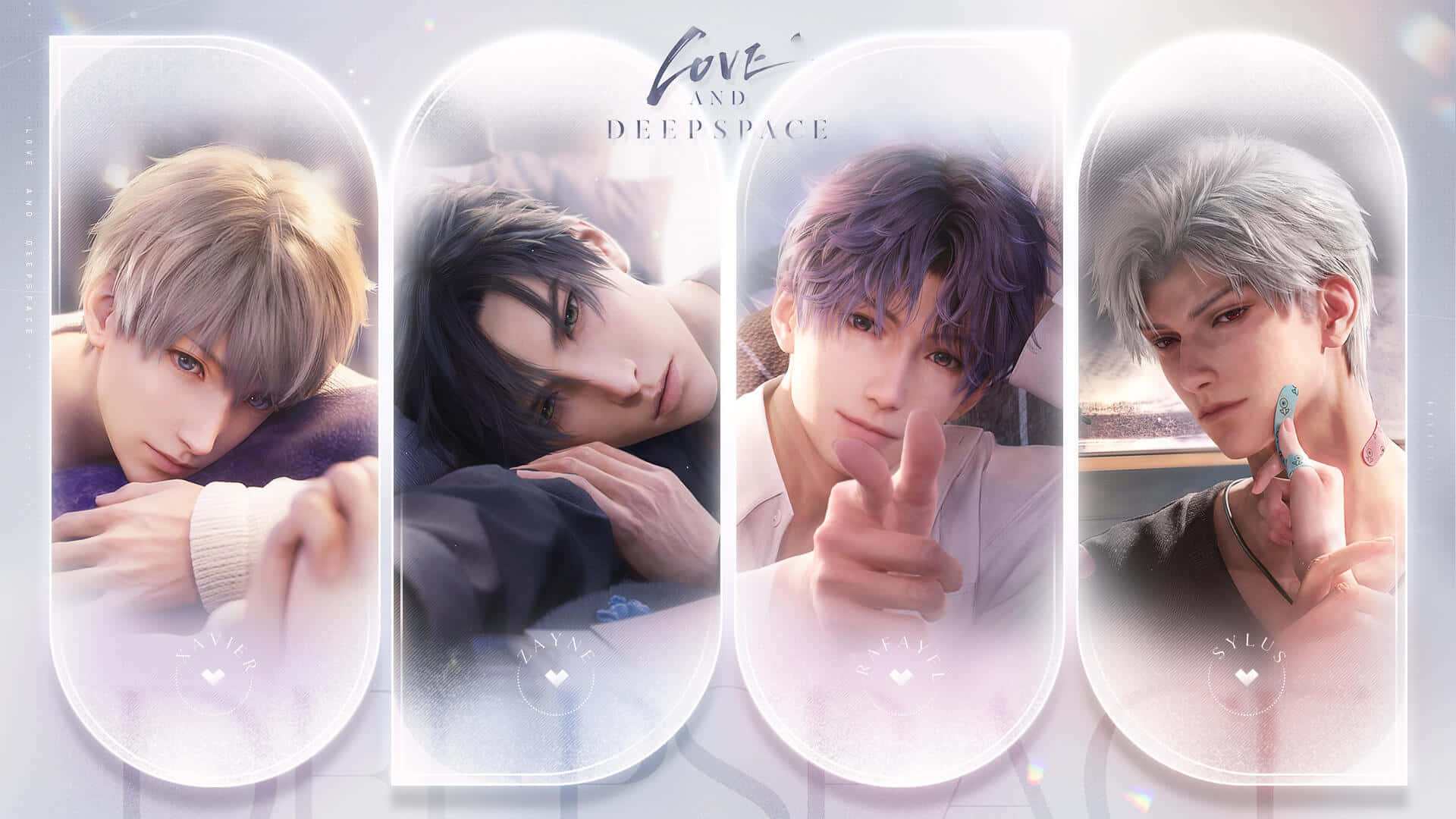 《Love And Deepspace》角色 壁紙 — 四個動漫風格男性角色，各有不同的髮色，出現在柔和發光的框架中，每個都有獨特的姿勢和表情。