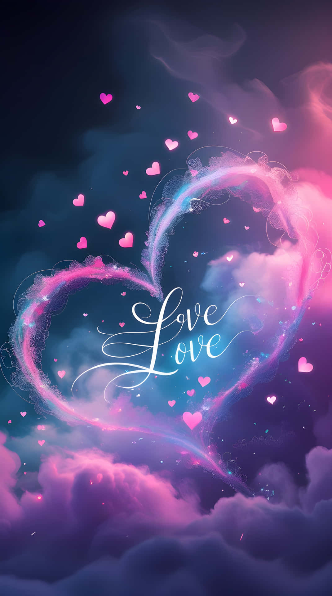 一個發光的愛心，帶有「love」字樣，周圍環繞著漂浮的粉紅色愛心和雲層
