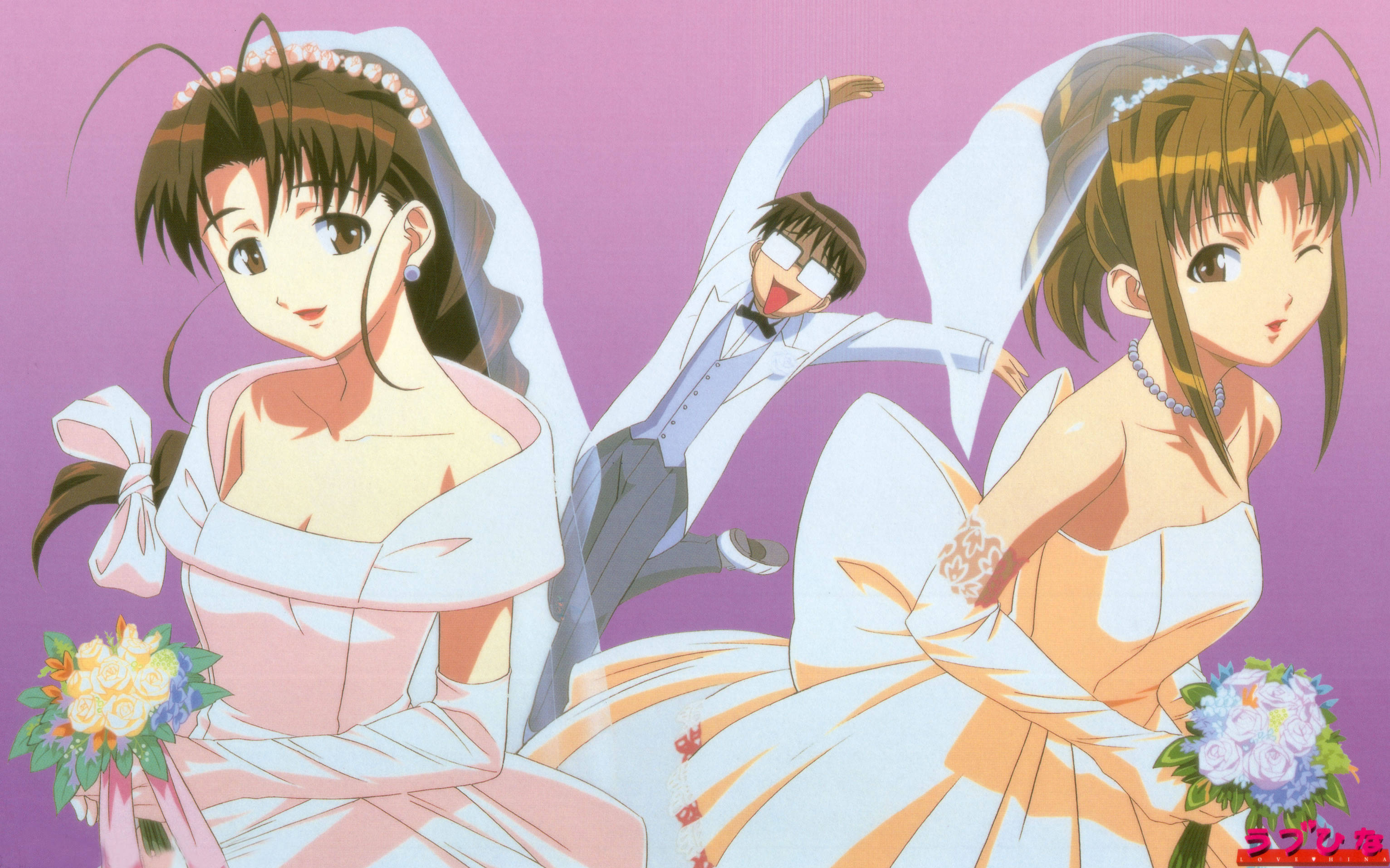 Love Hina 景太郎選新娘 壁紙 — 兩位動漫新娘穿著白色禮服微笑，而一位穿著燕尾服的新郎在她們身後愉快地跳躍，背景是柔和的紫色。