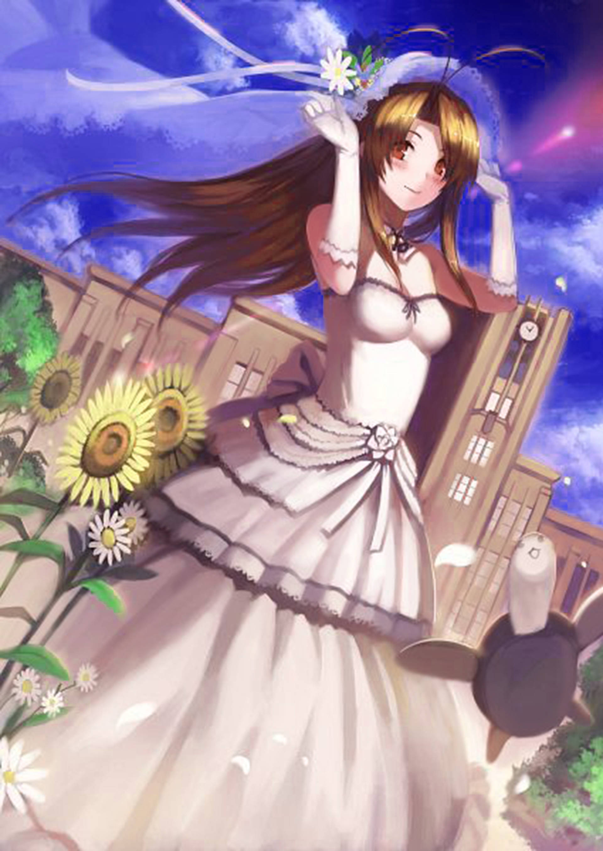 Love Hina Naru 春日禮服 壁紙 — 一個穿著白色連衣裙的開朗動漫女孩站在向日葵和雛菊中，在飄浮絲帶的鮮豔藍天下。