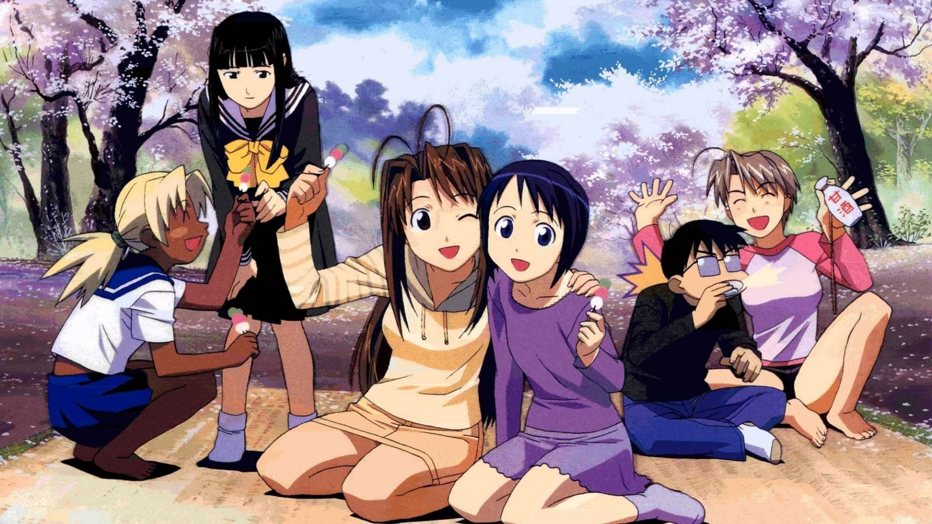 Love Hina 公園野餐場景 壁紙 — 一群動漫青少年在盛開的櫻花樹下歡樂地聚集，手持煙花，在充滿活力的春季公園中。