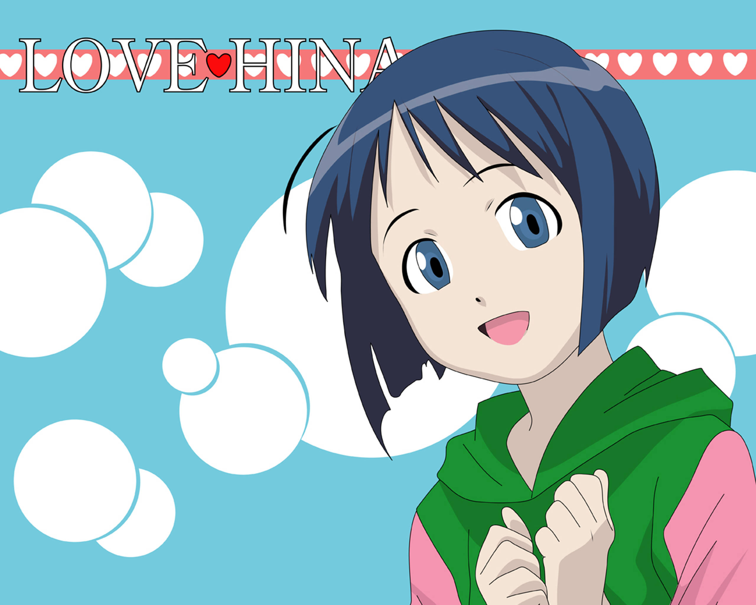 Love Hina 年輕的 Shinobu 壁紙 — 一個開心的動漫女孩，藍眼睛、短黑髮，穿著綠色連帽衫，在淺藍色天空下微笑，背景有白雲和心形。