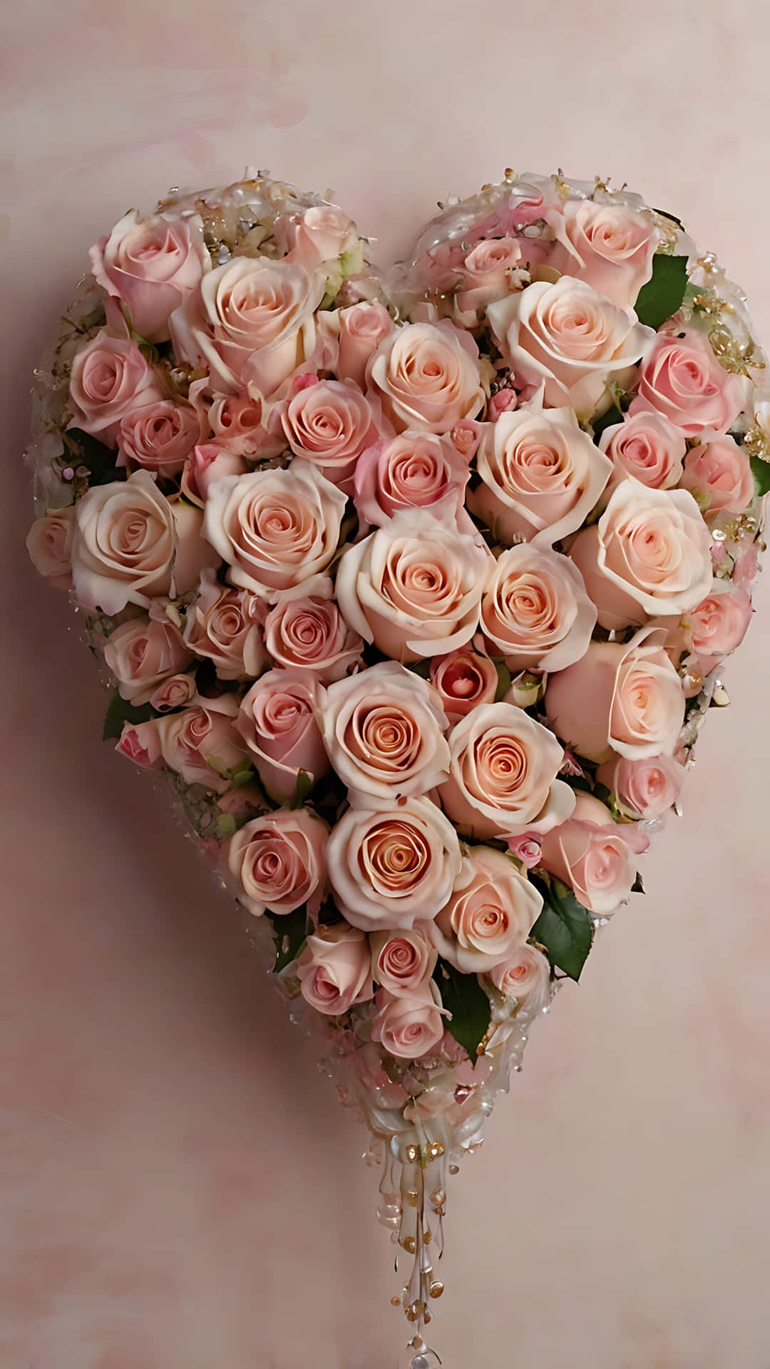 Love in Bloom: Heart and Roses wallpaper 壁紙 — 一個由柔軟粉紅玫瑰組成的豐盛心形花束，飾有珍珠和金珠，背景為柔和的粉紅色。