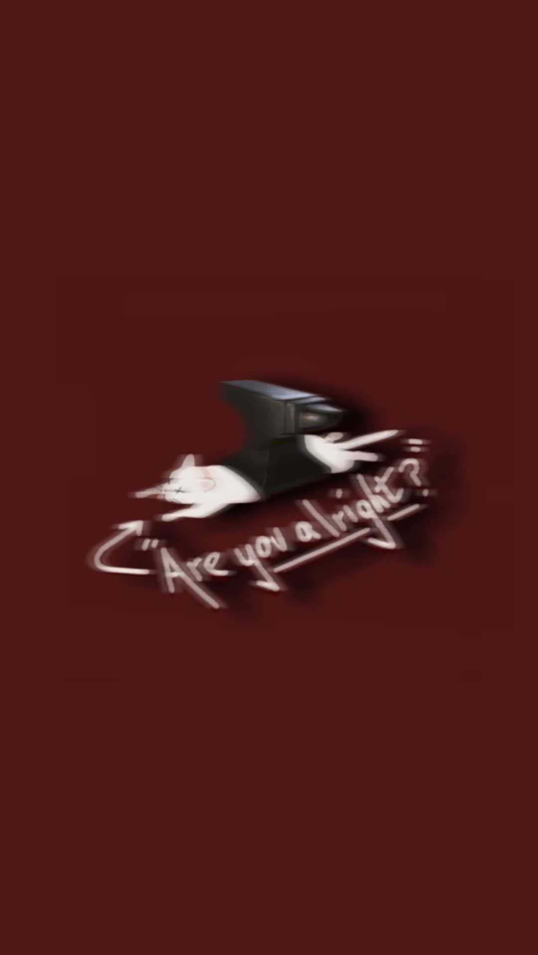 Love Joy《Are You Alright》模糊美學專輯封面 壁紙 — 一隻白色卡通貓咪在黑色鐵砧下一動不動，背景為深紅色，並有手寫文字「你還好嗎？」