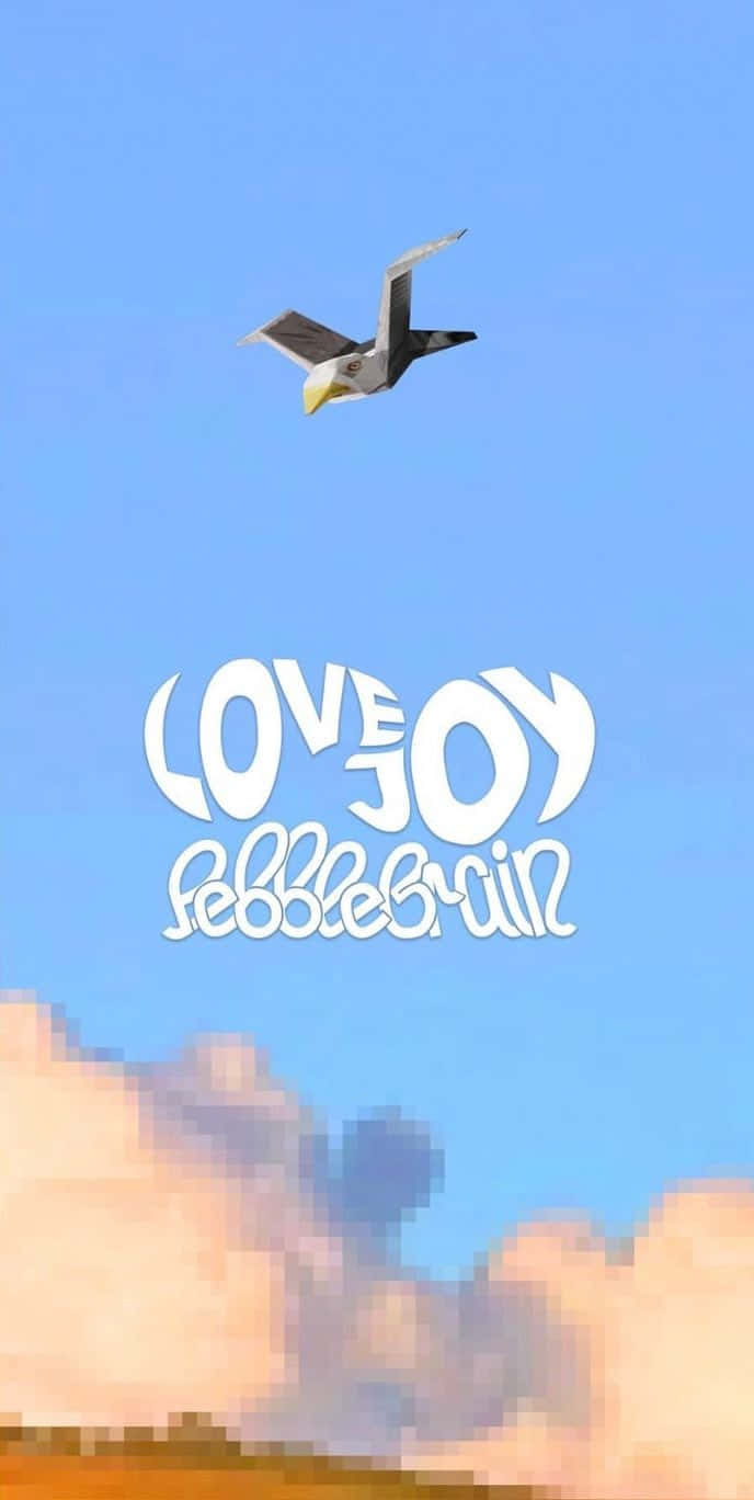 Love Joy《Pebble Brain》藝術海報 壁紙 — 一隻海鷗在像素化雲層上方、清澈的藍天中翱翔，上面有粗體白色文字寫著 love joy people ruin。