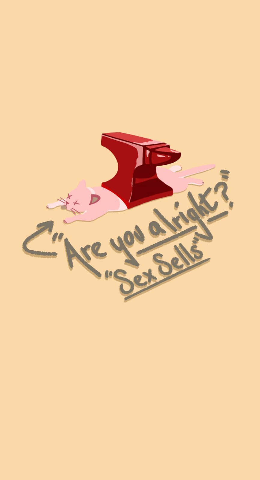 Love Joy《Sex Sells》歌曲藝術 壁紙 — 一隻粉紅色卡通貓咪被打敗，躺喺紅色鐵砧旁邊，有文字問係咪「醒目」就可以賣到性。