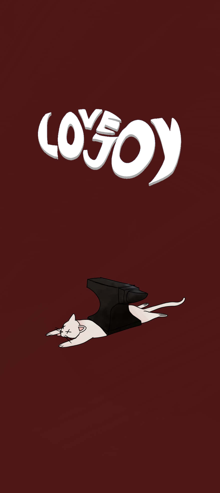 Love Joy獨立搖滾樂隊 壁紙 — 一隻穿著黑色超級英雄斗篷的白色卡通貓咪，在深紅色背景上、粗體白色「LOVEJOY」標誌下方閒逛。