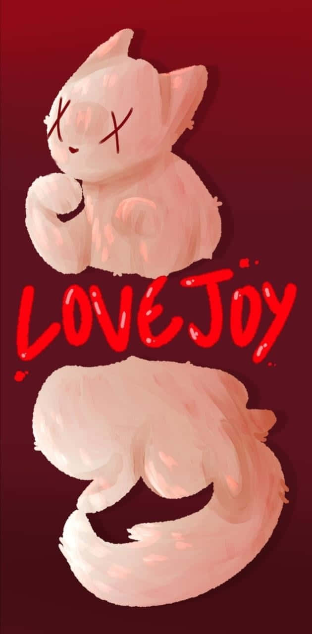 Love Joy白貓海報 壁紙 — 一隻可愛的粉紅色貓咪，眼睛呈X形，坐在深紅色背景上紅色LOVEJOY字樣的上方，下方有一條毛茸茸的尾巴。