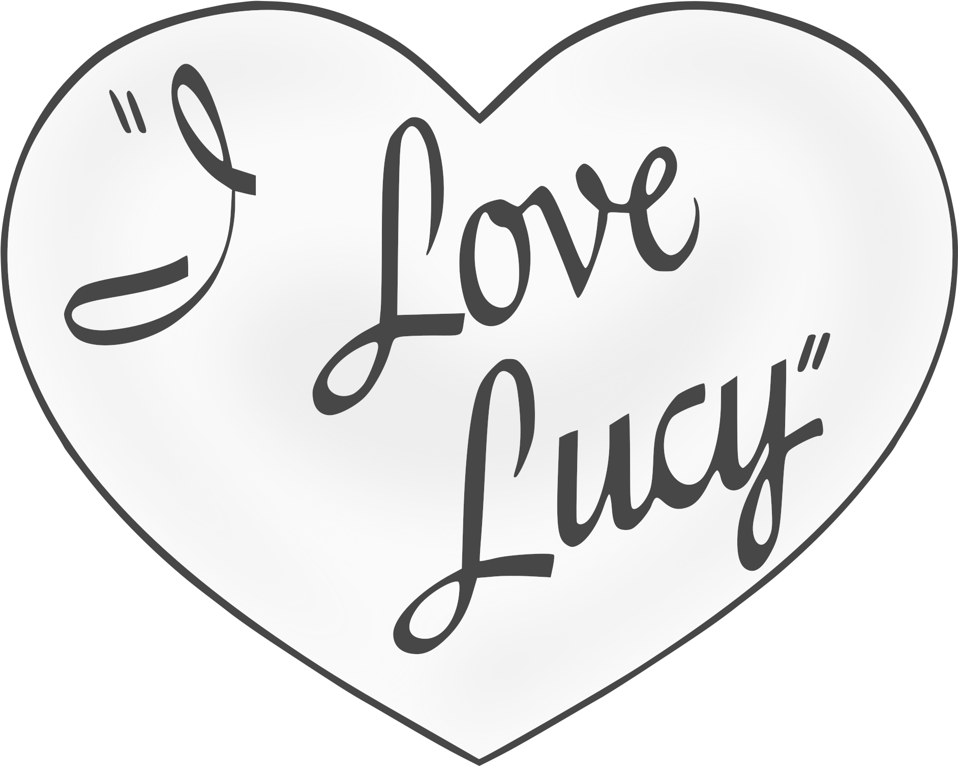 Love Lucy 心形圖案 壁紙 — 一個白色心形，上面有黑色草書文字寫著「I Love Lucy」，背景為黑色。