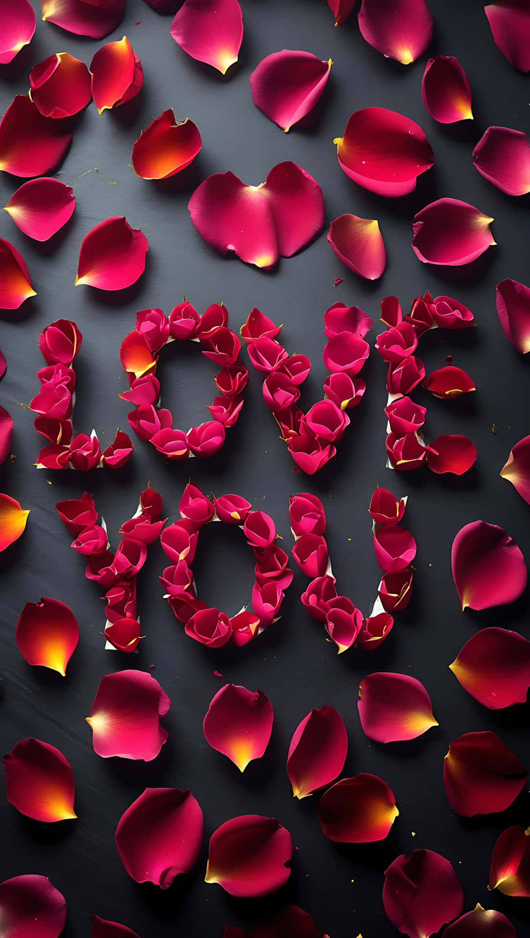 紅玫瑰花瓣在深色表面上拼出 love you，帶有黃色亮點