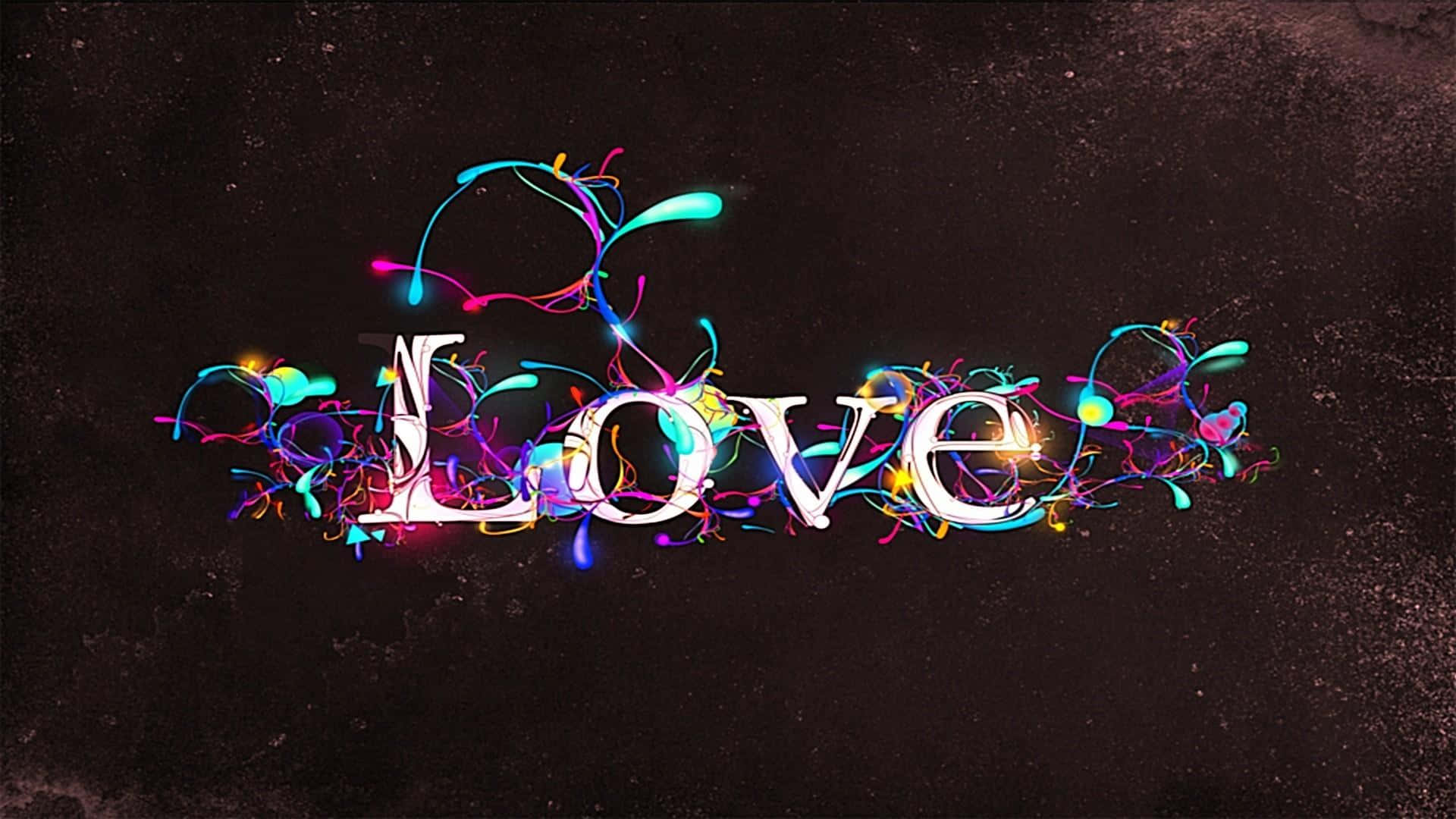 Cute Music 桌布 壁紙 — 「love」一詞以白色字母發光，周圍環繞著鮮豔的霓虹顏料飛濺，背景為深色紋理。