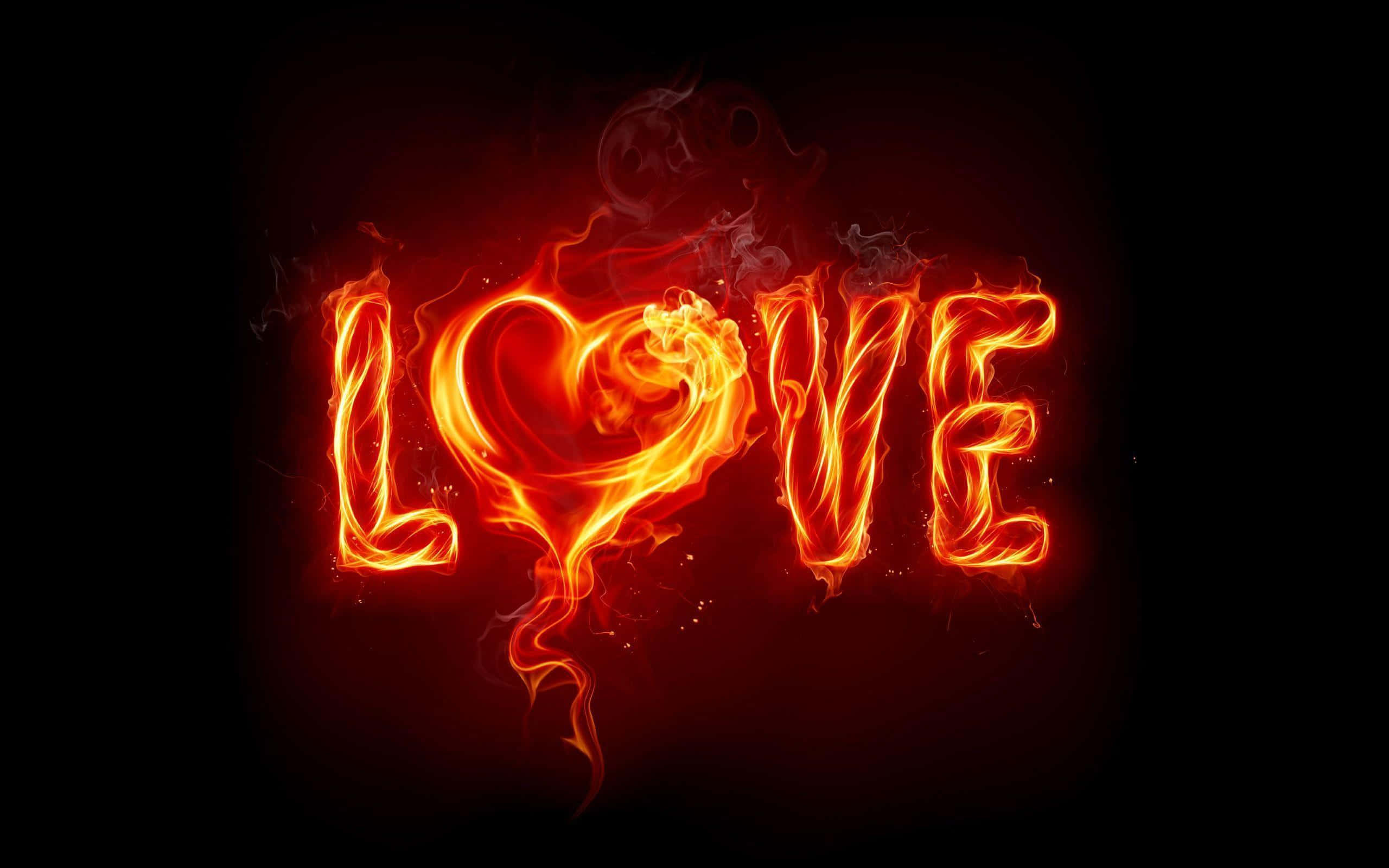 3d Fire 桌布 壁紙 — 「LOVE」一詞在黑暗背景中燃燒著鮮豔的橙色和紅色火焰，伴隨著縷縷煙霧。