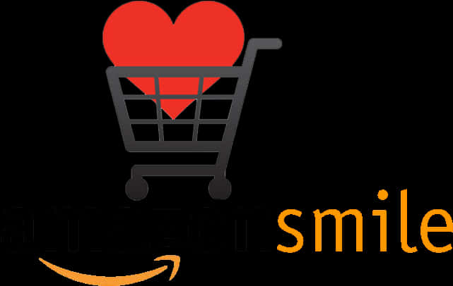 Lovein購物車標誌 壁紙 — 黑色購物車內有一個紅色心形，上面有「smile」文字，下方有亞馬遜箭頭。