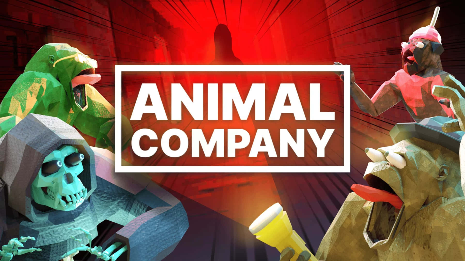  壁紙 — 低多邊形風格動物在混亂的紅色燈光場景中，帶有粗體 'ANIMAL COMPANY' 標題。
