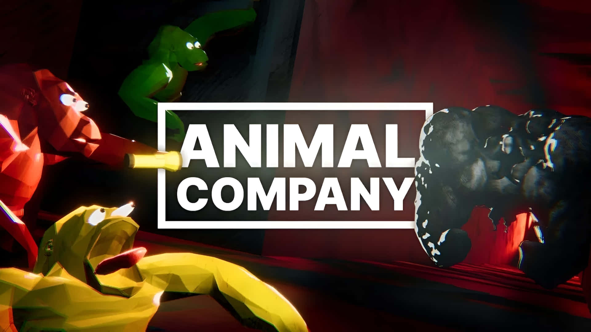  壁紙 — 低多邊形風格嘅動物以紅色、綠色同黃色喺中央嘅「ANIMAL COMPANY」標誌周圍激烈碰撞。
