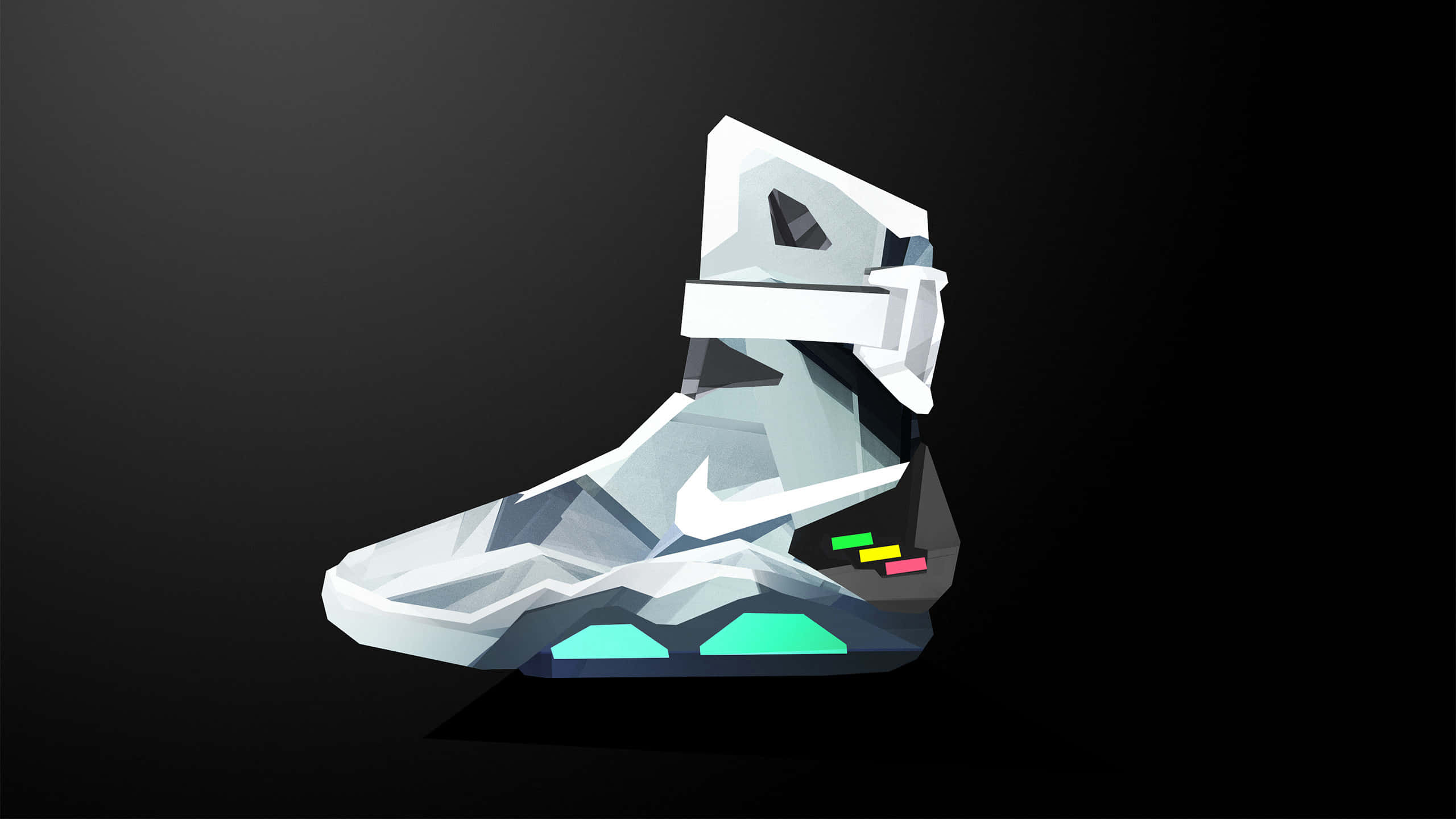 Basketball Shoes 桌布 壁紙 — 一雙低多邊形風格化的白色未來主義靴子，帶有發光的青綠色鞋底和彩色點綴，背景為深色漸變。