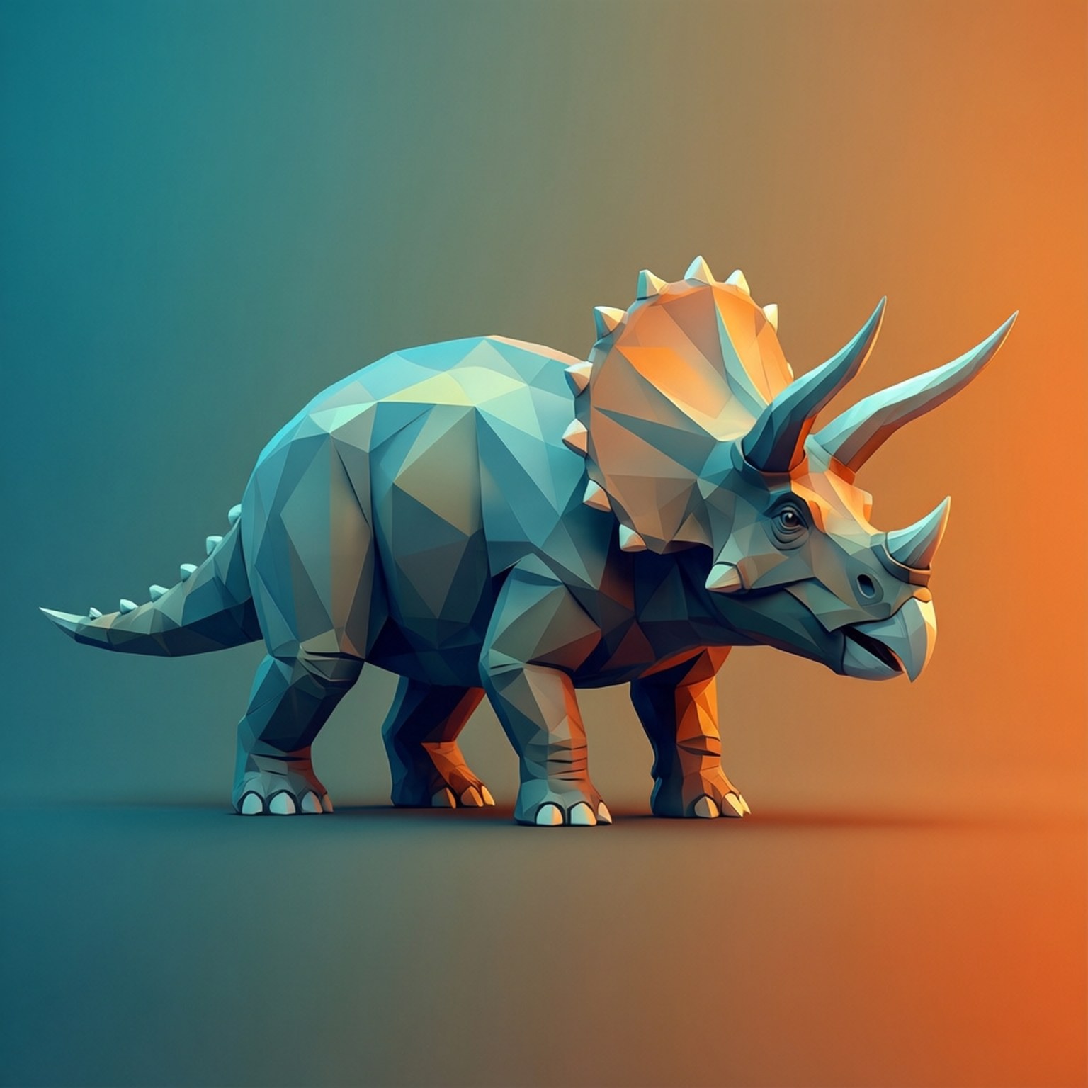 Triceratops 桌布 壁紙 — 一隻低多邊形三角龍，以冷藍色和暖橙色色調渲染，背景為漸變色。