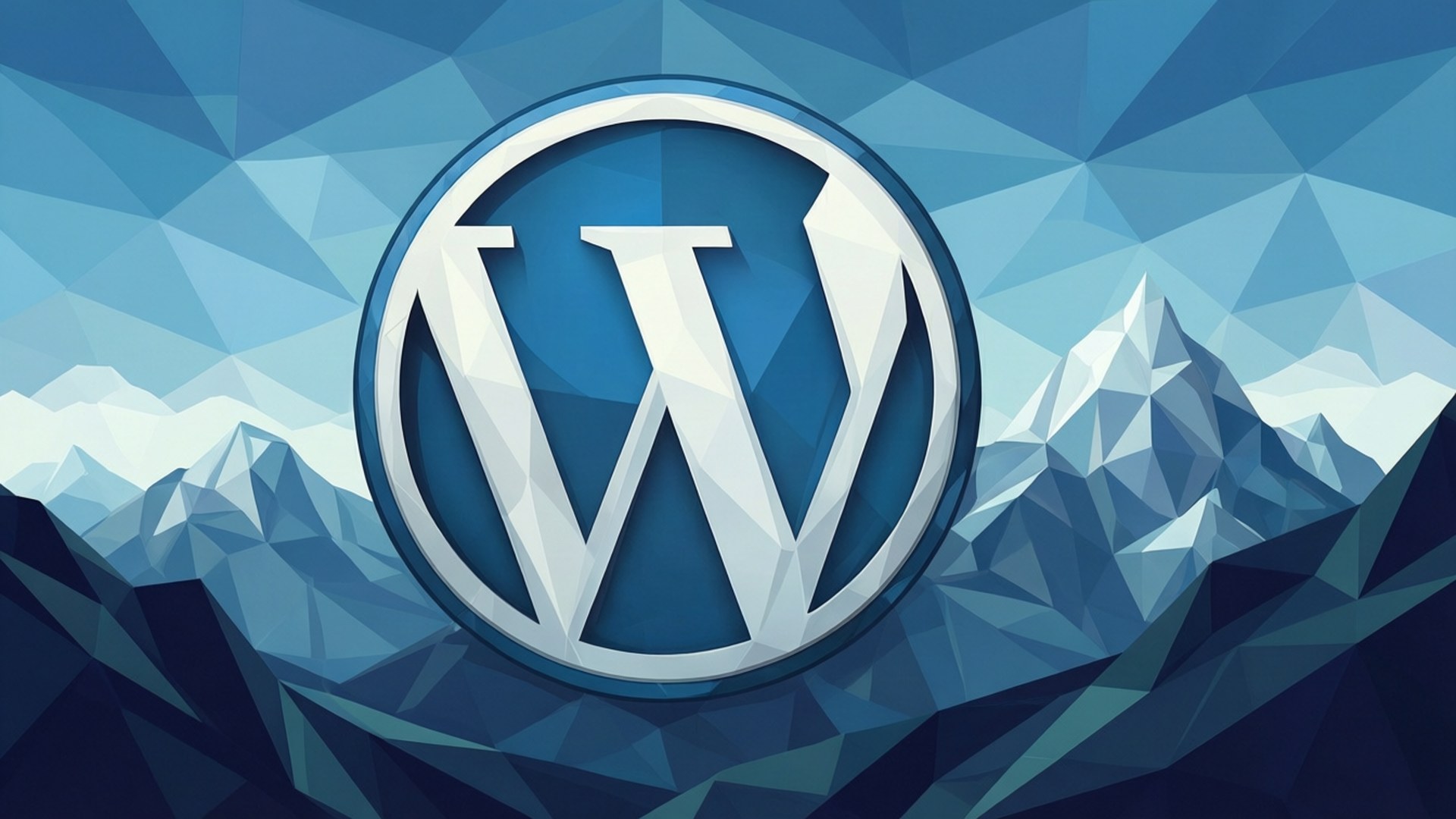 Low Poly WordPress 壁紙 — 一個風格化的WordPress標誌，白色和藍色，位於一個以多邊形藍色和白色色調渲染的幾何山脈之上。