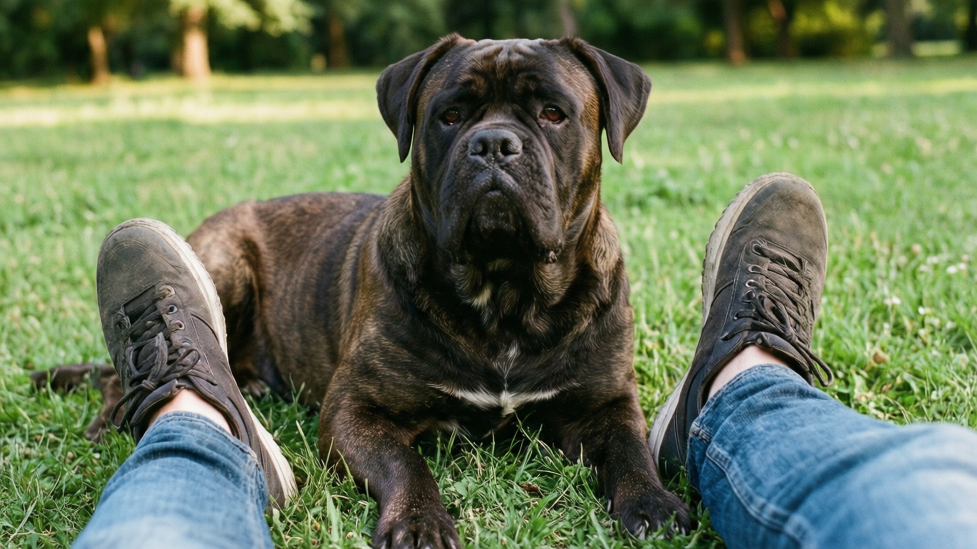 一隻虎斑獒犬在草地上休息，位於一個穿著牛仔褲和運動鞋的人的雙腿之間。