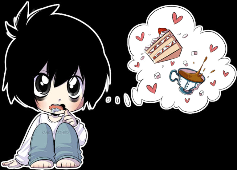 L的Q版夢想甜點 壁紙 — 一個黑髮的Q版動漫男孩坐著，想著蛋糕和咖啡，周圍環繞著心形。