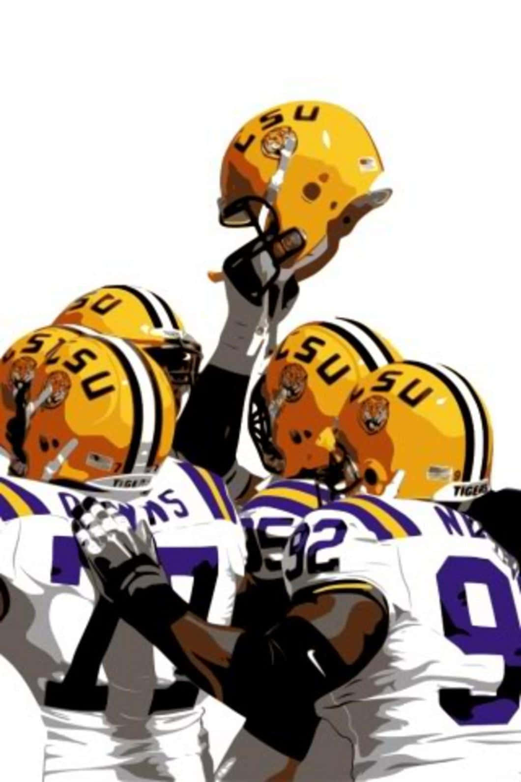 LSU 足球員身穿隊服，高舉頭盔慶祝。