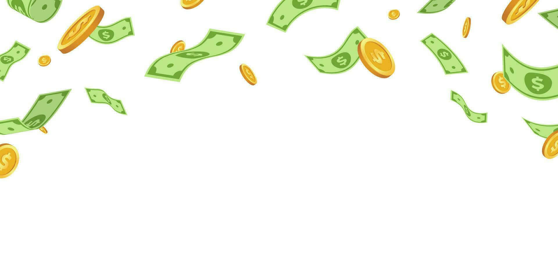  壁紙 — 綠色美元鈔票和金幣以對角線方式落在純白色背景上，採用扁平卡通風格。