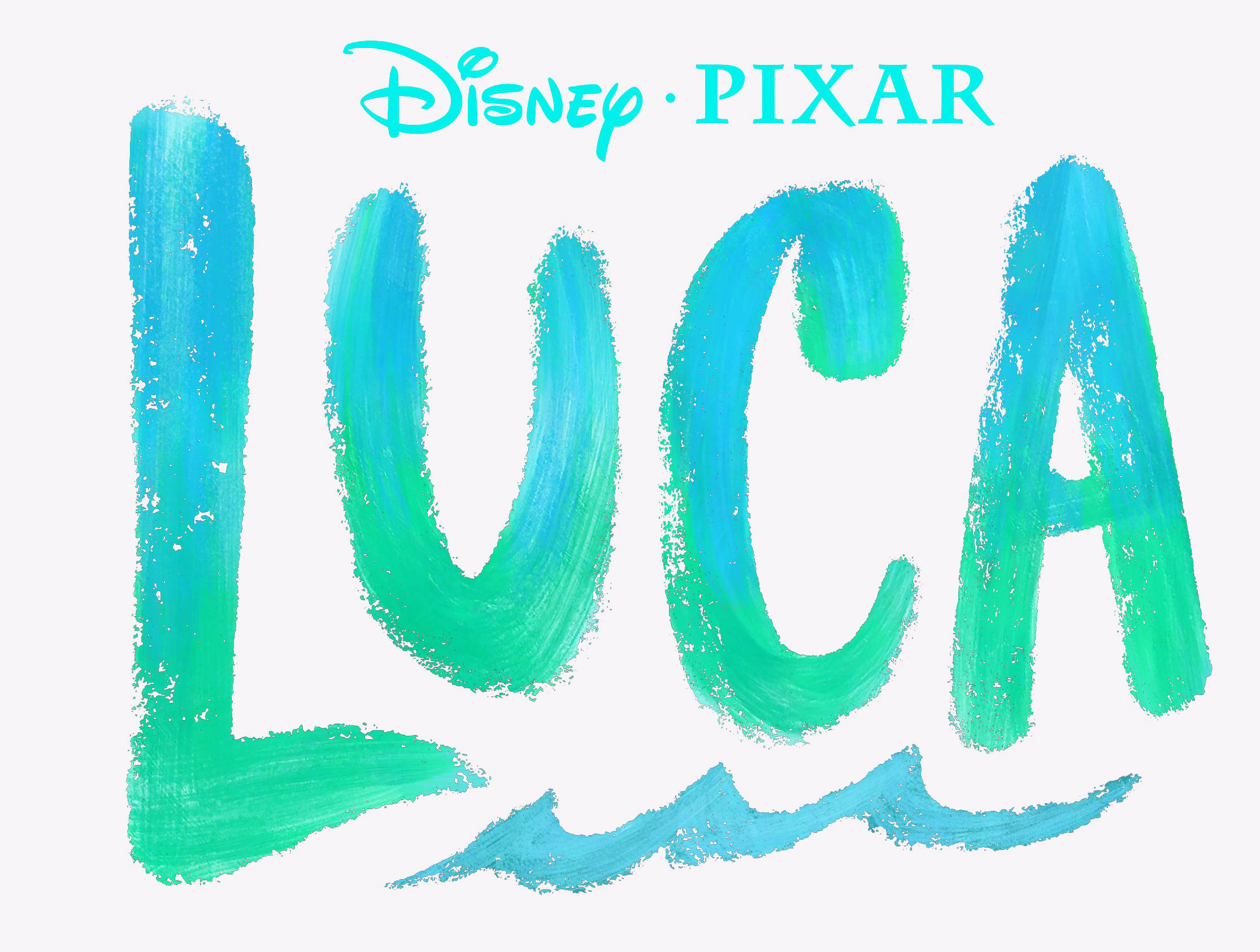 白色 彼得潘 Luca 海報 壁紙 — 白色背景上，大膽的筆觸字母以藍綠色和綠色拼出LUCA，上方有迪士尼彼思標誌。
