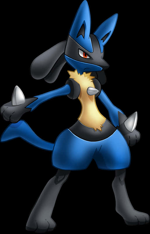 Lucario 寶可夢角色 壁紙 — 一隻藍黑色路卡利歐以動態姿勢站在黑色背景前，擁有發光的紅眼睛和銀色爪子。