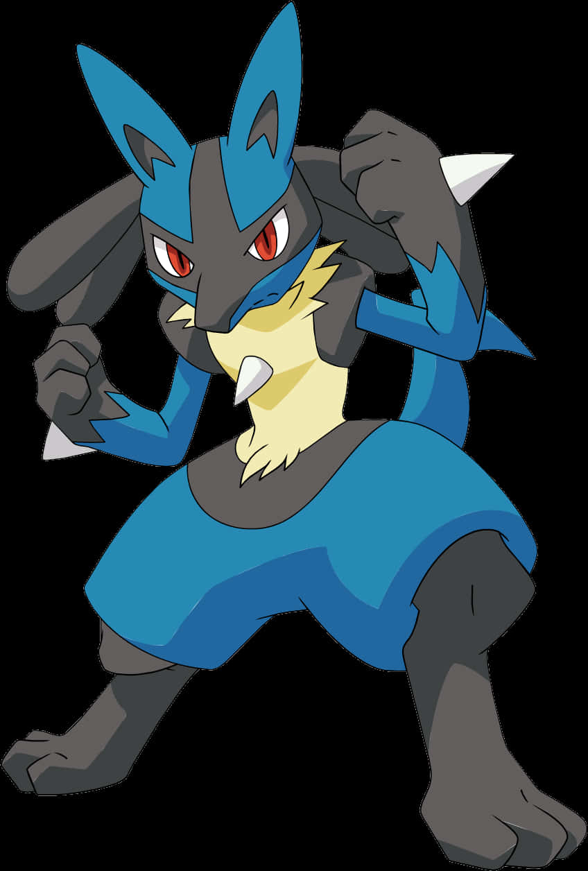 準備戰鬥的寶可夢Lucario 壁紙 — 一隻兇猛的藍色和灰色神奇寶貝，擁有紅色眼睛和白色爪子，以戰鬥姿勢站在黑色背景前。