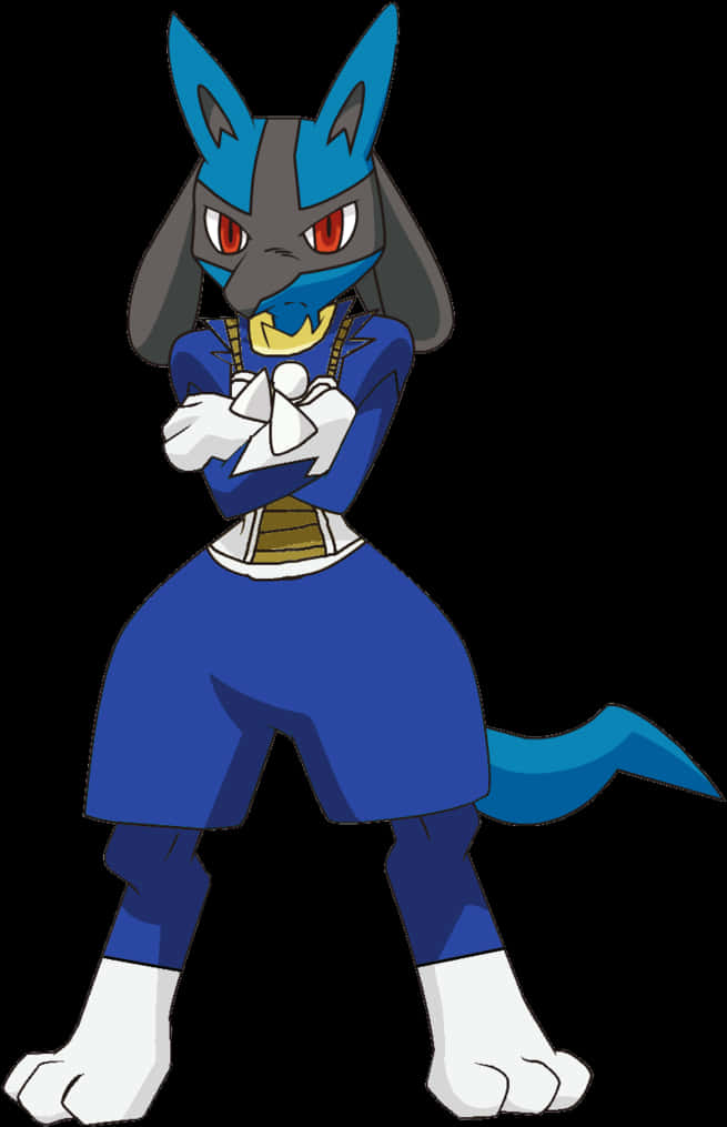 Lucario 站姿角色 壁紙 — 一隻藍灰色擬人化狐狸，紅眼睛，自信地交叉雙臂站在黑色背景前。