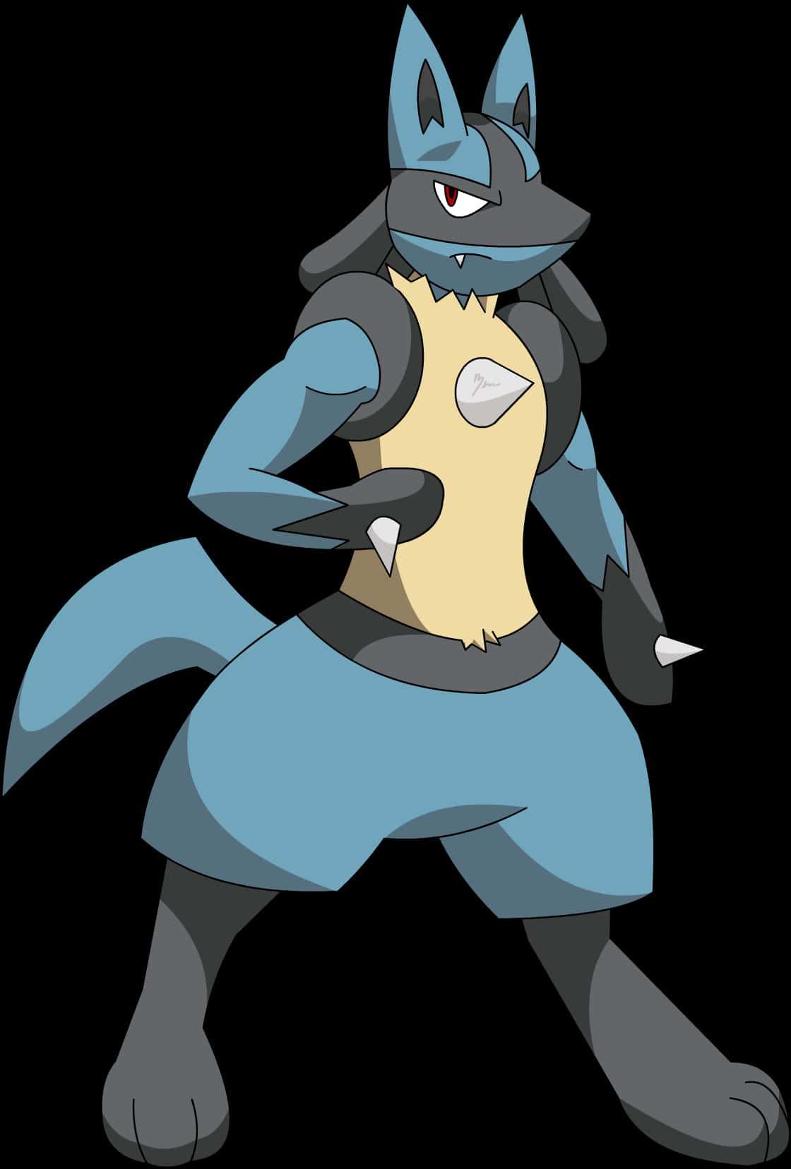Lucario 寶可夢角色藝術 壁紙 — 一隻藍灰色狼狀寶可夢，有紅色眼睛和鋒利爪子，自信地站在黑色背景前。