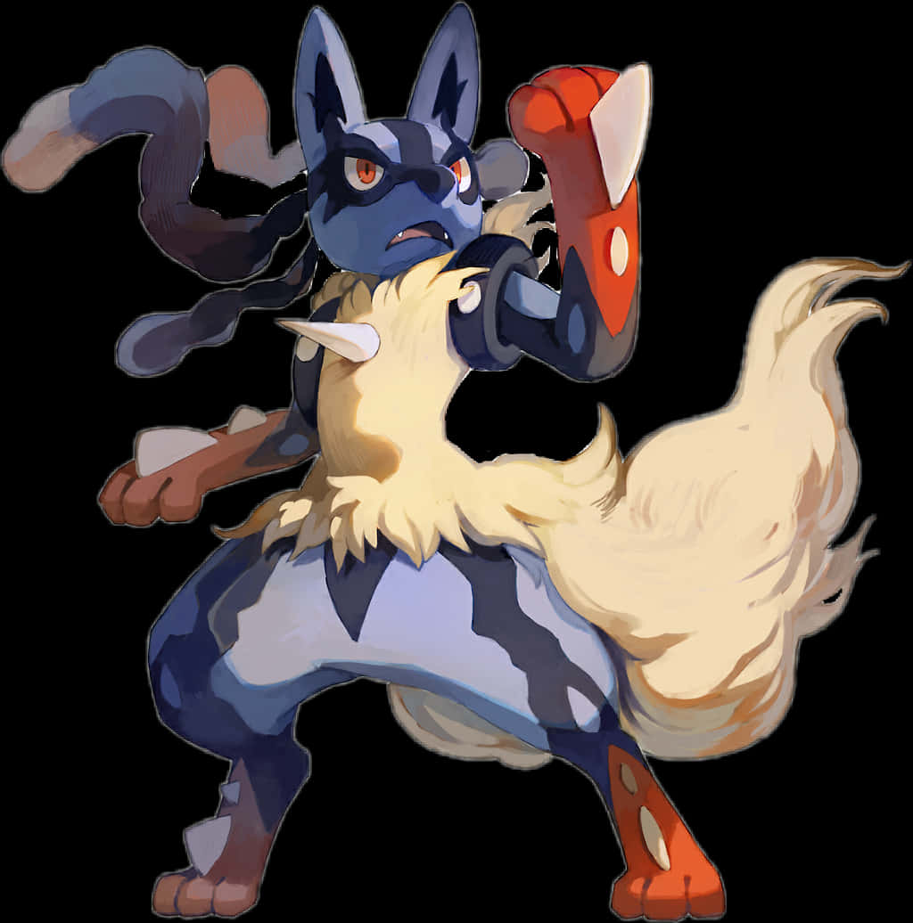戰鬥姿勢的寶可夢Lucario 壁紙 — 一隻充滿動感的動畫風格寶可夢，擁有藍白相間的毛皮、橙色的眼睛和蓬鬆的奶油色尾巴，在黑色背景前擺出強而有力的姿勢。
