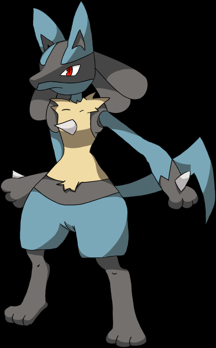 Lucario 站姿插畫 壁紙 — 一隻藍色和灰色的寶可夢，有著紅色眼睛和黃色星形胸部，自信地站在黑色背景前。