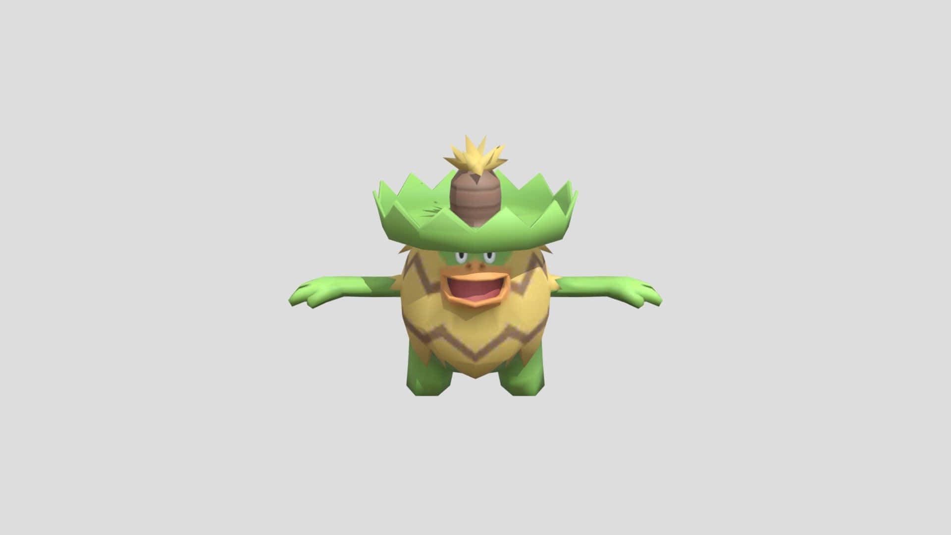 Ludicolo 3D模型 壁紙 — 一隻開心的3D渲染寶可夢，頭戴綠色葉子頭飾，黃色身體，站在純灰色背景前。