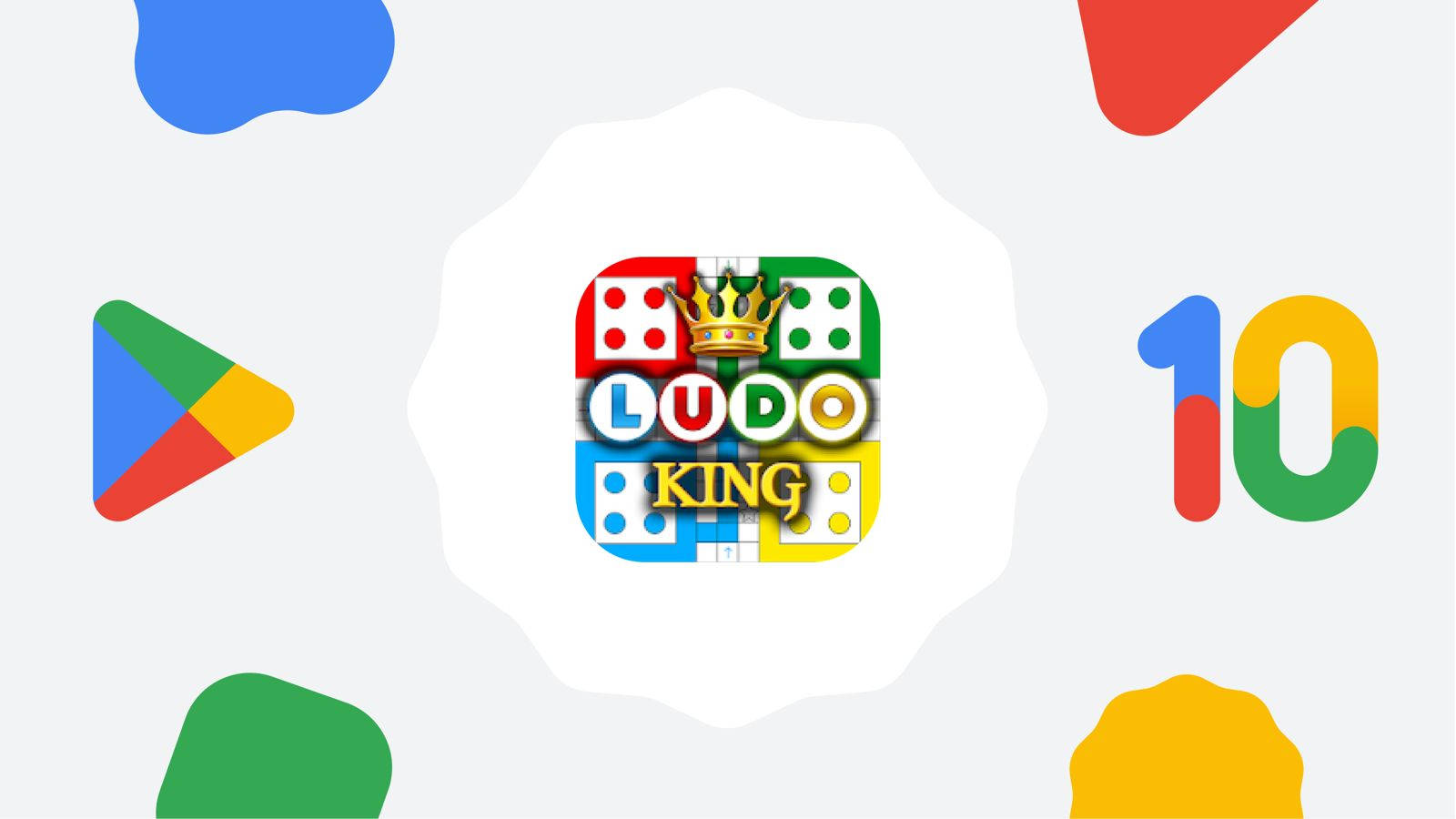 Ludo King 遊戲應用圖標，帶有骰子和皇冠，周圍環繞著色彩繽紛的形狀和 Google Play Store 標誌。