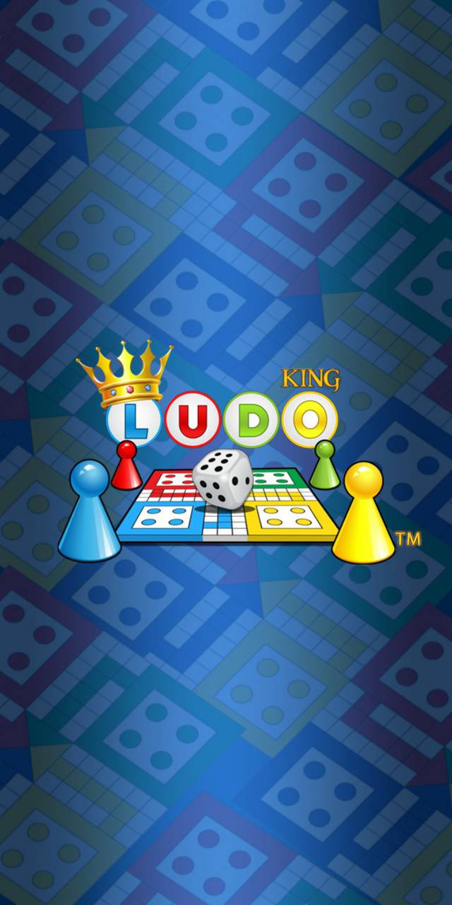 Ludo King遊戲板，帶有棋子、骰子和皇冠標誌，背景為圖案。