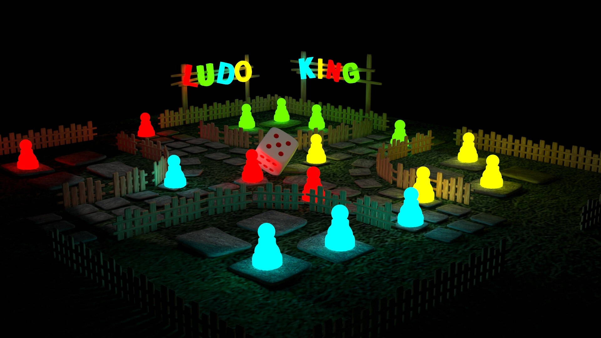 夜間在板上發光的Ludo King遊戲棋子和骰子。