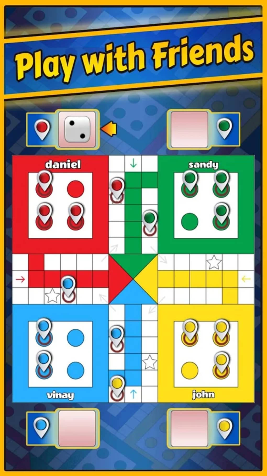四位玩家在數位板上用彩色棋子和骰子玩Ludo。