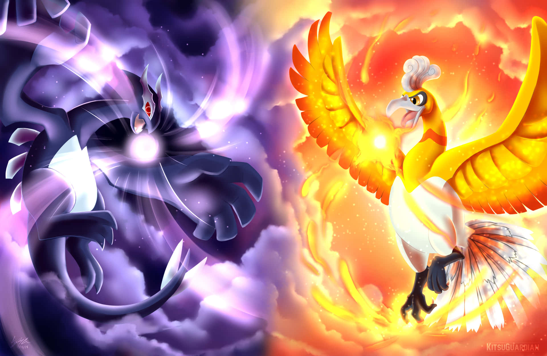 Lugia 與 Ho-Oh 壁紙 — 一隻莊嚴的火鳳凰和一隻陰影冰龍在戲劇性的宇宙戰鬥中碰撞，對抗相反的元素力量。