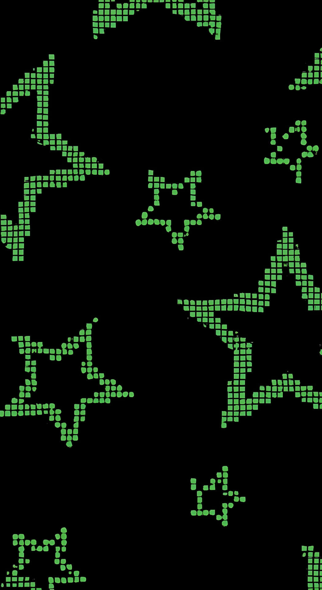 壁紙 — 綠色像素化星星在黑色背景上以數位馬賽克圖案漂浮。