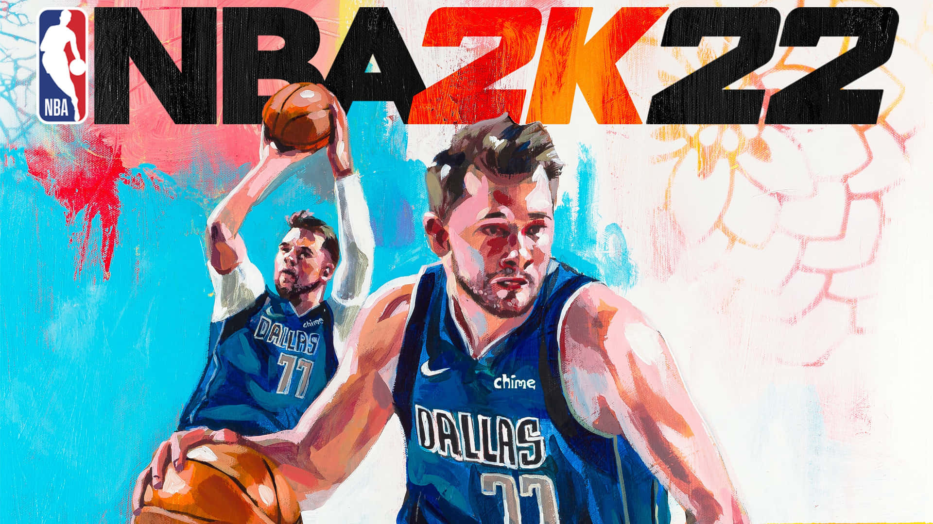 盧卡·當錫身穿達拉斯獨行俠球衣在NBA 2K22遊戲藝術中投籃。