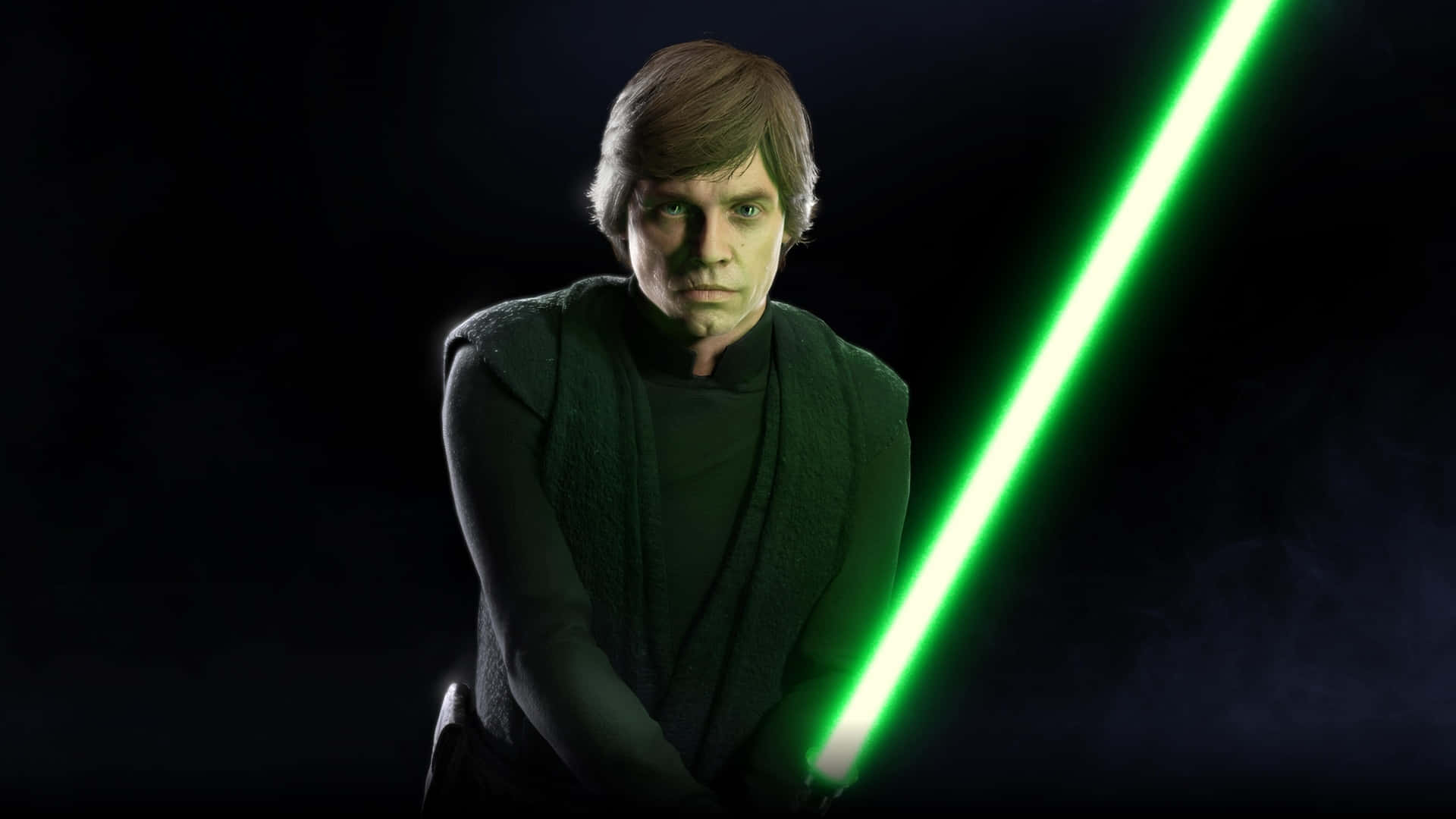 Return Of The Jedi 桌布 壁紙 — Luke Skywalker 在黑暗煙霧背景前，手持發光綠色光劍，蓄勢待發。