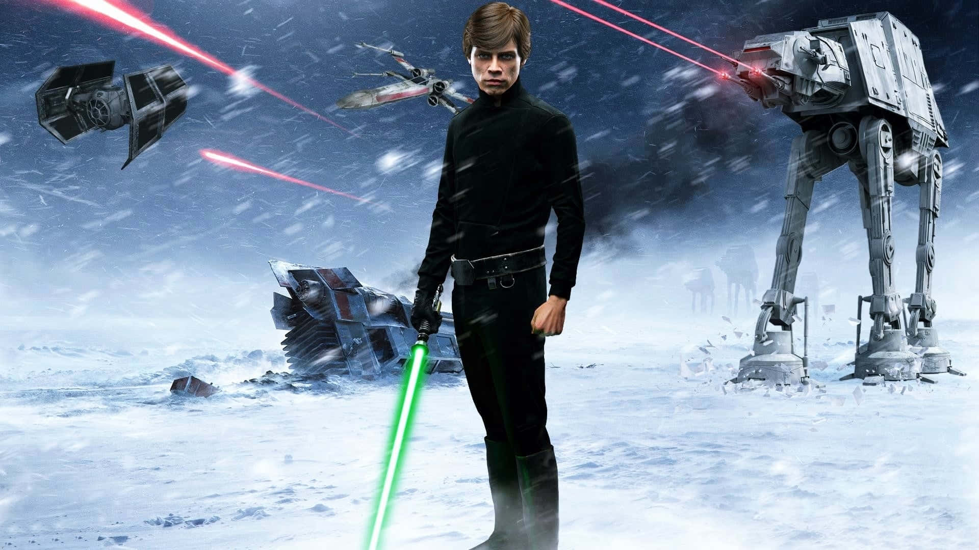 Return Of The Jedi 桌布 壁紙 — Luke Skywalker 站在雪地戰場上揮舞綠色光劍，AT-AT步行機和星際戰機在上空戰鬥。
