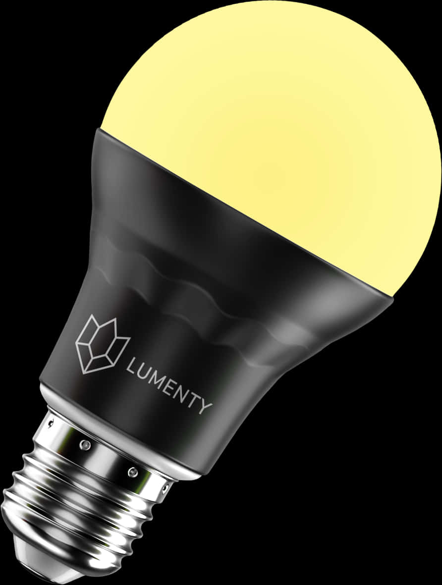 Lumenity品牌LED燈泡發光 壁紙 — 一個發光的黃色Lumenty智能燈泡，帶有黑色啞光機身和銀色底座，背景為黑色。