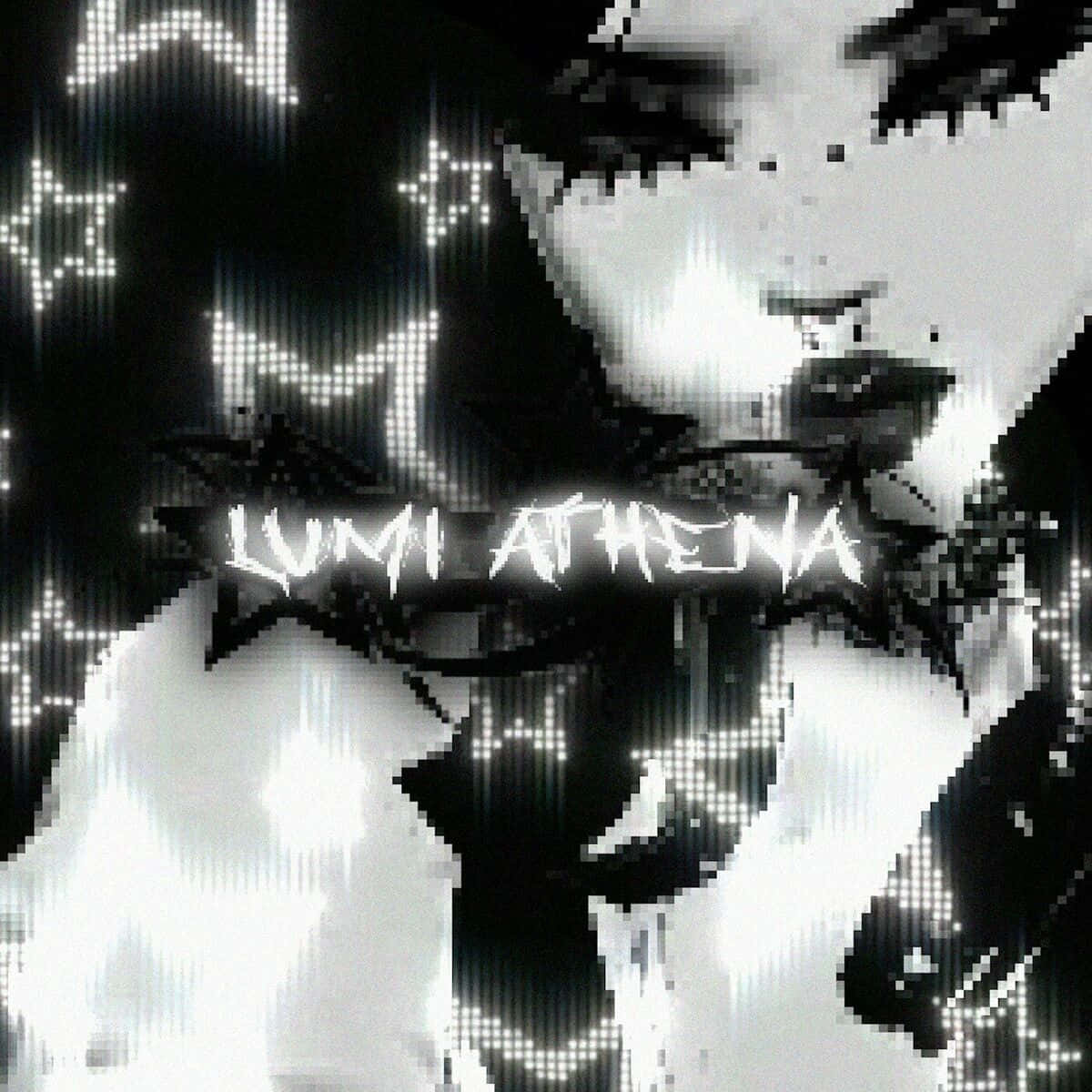 Lumi Athena 數位故障藝術 壁紙 — 一個像素化的黑白女性肖像，帶有發光文字和抽象數位效果。