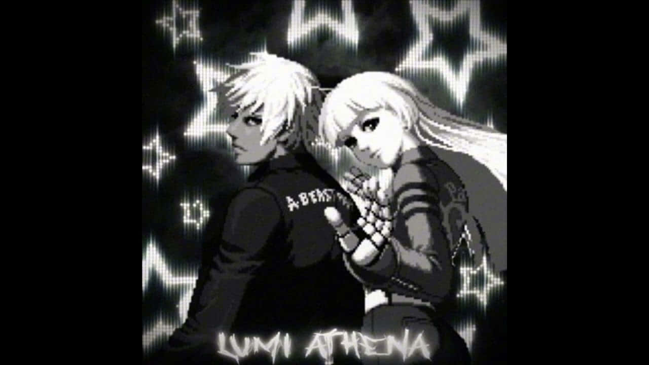 Lumi Athena 時尚動漫藝術 壁紙 — 兩個白髮動漫角色背靠背站在星空背景前，背景有發光的星星和文字。